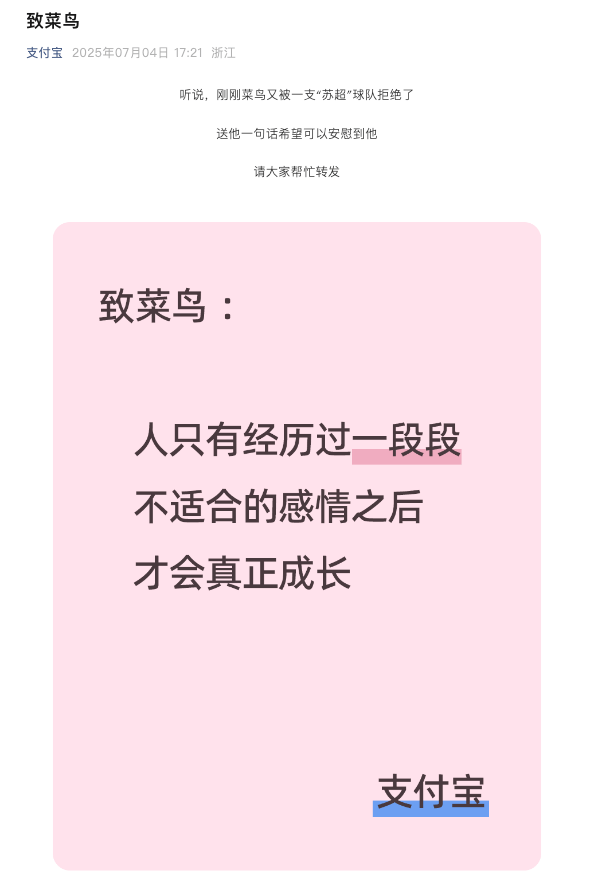 菜鸟又被苏超球队拒绝？支付宝“送安慰”：只有经历过不适合的感情后才会成长